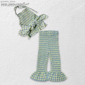 Giyim Setleri 2023 Yaz Yeni Giyim Seti 2 Parçası Kız Bebekler İçin Uygun Sling Sırtsız Yelek+Alev Pantolon Çocuk Moda 2-7y Y240412