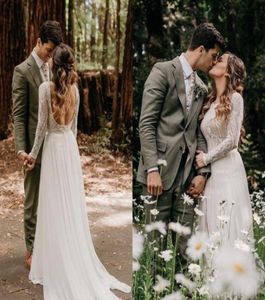 2020 A Line Beach Wedding Dresses Long Sleeves Appliques Lace Chiffon Country Wedding Dress Backless Sweep Train Boho Bridal Gowns4768711