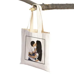 Sacchetti della moda Super Mom e Baby Lady Cartoon Stampa riutilizzabile in tela casual in tela casual Donne Shopper Borse Borsa