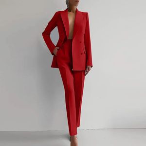 Casual Lapel Long Sleeve Coat Pant Suits Women Elegant Button Solid 2Pc Outfits Fashion Career Blazer Sets 240320