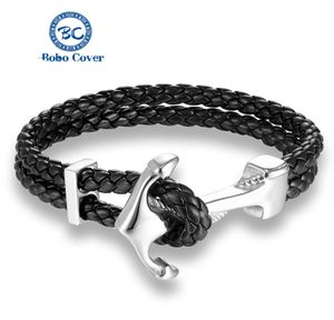 Äkta svart läderpar armband rostfritt stål silvervitt ankare charm armband män mode armband älskare smycken gåva9344073
