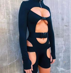 Women Bodycon Buckle Cut Out Biker Rompers Sexy Long Sleeves Hollow Out Clubwear Bodysuit One Piece Short Jumpsuit Pants3861796