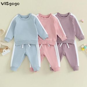 Kleidungssets Visgogo Baby Girls Kleidung 2pcs Outfit Kontrast Farbe Langarm Crew Neck Sweatshirt mit elastischer Taille Jogginghose Tracksan