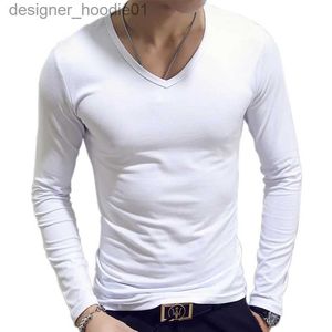 Men's Hoodies Sweatshirts V-neck mens T-shirt plain long sleeved T-shirt mens slim fitting underwear summer armor casual tee top underwear white black C240412