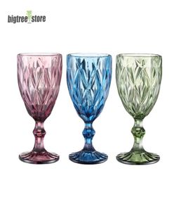 10オンスのワイングラスカラーグラスゴブレットステム300mlビンテージパターンエンボス加工ロマンチックな飲み物のパーティーウェディング6890135