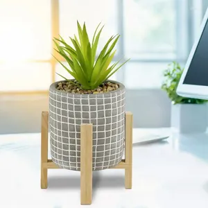 Decorative Flowers Group 11 Inch Artificial Succulent Plant In Gray Cement Pot With Wood Stand For Home Office Decor