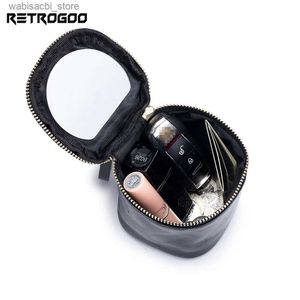 Cosmetic Bags RETROGOO Ladies Cosmetic Bag With Makeup Mirror Genuine Leather Women Lipstick Bag Small Cosmetic Case For Girls Mini Coin Purse L49