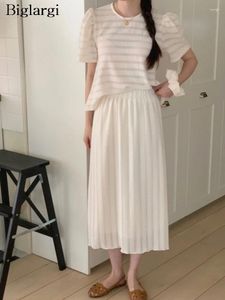 Work Dresses Summer 2 Two Piece Set Women Korea Style Loose Pleated Short Sleeve Ladies Tops Elastic High Waist Modis Ruffle Woman Midi