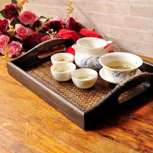 Tea Trays 2024 Arrival Thai Style Wooden Tray Plate With Handle Creative Rectangle Handmade Rattan Bamboo Tea/Coffee/Fruits