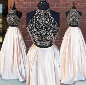 2020 Sparkly Two Pieces Prom Dresses High Neck Beading Crystal Floor Length Black Girl African Sweet 16 Bill A Line Party Evening2161365