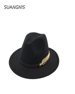 Woolen Filzhut Panama Jazz Fedoras Hüte mit Metallblatt flachem Rand formelle Party und Bühnen -Top -Hut für Frauen Unisex20175679772179