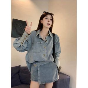 Women Spring Summer Fashion Denim يناسب أحد الأكمام الطويلة ذات الأكمام الطويلة الفضفاضة جان Blouseshigh Weist Aline Shorts Skirt Leisure Sets 240412