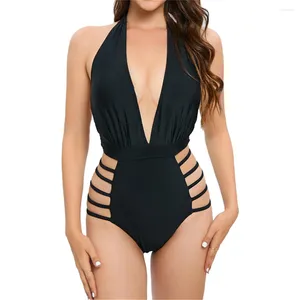 Kadın Mayo Siyah Seksi Sırmasız Monokini Deep-V String Bikini Highwaist Mayo Halter Hollow Out Push Up Kadınlar Plaj M)