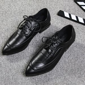 Casual Shoes Cross-bunt Woman Single Brogue Pointed Toe Black Flats Soft Leather Comfy Career Sying Female Chunky Ol Footwear 40