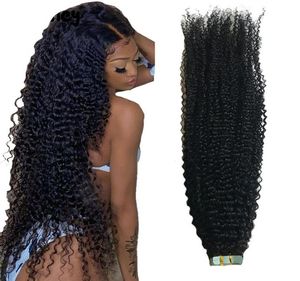 Afro Kinky Curly Tape in menschlichem Haarverlängerungen 40 Stcs natürliche Farbe Haut Schuss für Frauen mongolisch remy hairs7003854