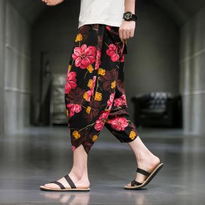 Calça 2023 verão haruku bezerro casual comprimento calça calças calças de perna larga linho de linho de algodão calças de harém masculina roupas de moda folgada