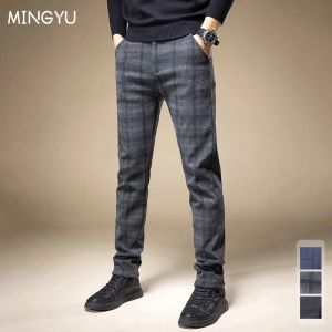 Pants New Spring Autumn Classic Plaid Work Stretch Pants Men Cotton Business Straight Fit Grey Black Blue Korea Casual Trousers Male