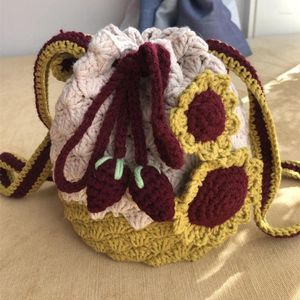 Evening Bags Female Handmade Crochet Cute Vintage Small Size Bucket Handbag Teenager Girl Yarn Floral Rainbow Retro Sling Shoulder Bag