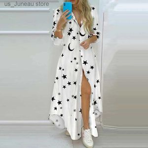 Grundläggande avslappnade klänningar Boho klänning 2021 Autumn Single Breasted Button Oregelbundet lång klänning Kvinnor Sexig Turn-Down Collar Tidningsbrev Maxi Dress 1 T240415