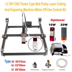 LY DIY CNC Frame Type Belt Pulley Laser Cutting And Engraving Machine 455nm 10W 20W Off-line Control Kit Size A5 A4 A3 Optional