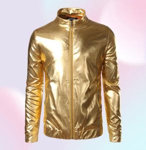 Whole Nightclub Trend Giacca Gold Metallic Gold Shiny Men Veste Homme Fashion Fashion FrontZip Giacca bomber da baseball leggera B9991450