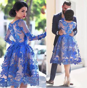 Amazing Tulle Jewel Neckline Aline Homecoming Dresses With Lace Appliques Blue Long Sleeves Cocktail Dresses formal dresses2482212