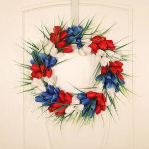 Decorative Flowers Idyllic July 4th Wreath Patriotic Americana Boxwood Handcrafted Memorial Day Festival Garland Decoration Front