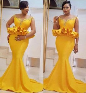 Vintage Bright Yellow Mermaid Prom Dresses Plus Size African Cap ärmar Aso Ebi Formella aftonklänningar med peplum skräddarsydd del3038494