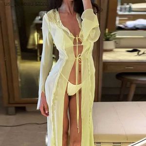 Kadın Mayo Hirigin Kadınlar Örgü Fırfır Trim Y2K Elbise SHR Flowy Beach Mysuuit Örtü Bikini Yüzme Uzun Elbise T240412