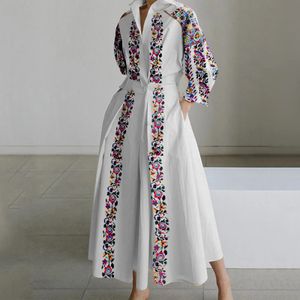 Elegant Ethnic Style Long Shirt Dress Lapel Flower Print Pocket A Button Stand Collar Sleeve Summer Vintage Dresses 240412