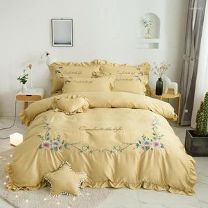 Sängkläder set tvättat silkblommor broderi tjej set dubbel rufsar duvet täcker säng linne monterad ark kudde hemtextil