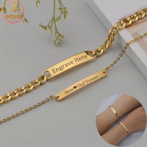 Akizoom Punk Engrave Name Custom Bracelets Gold Color Stainless Steel Thick Hand Chain Customized Couple Men Women Jewelry Gift 240320