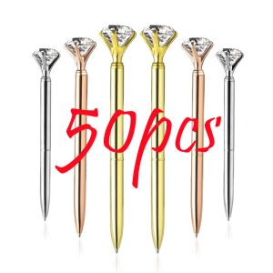 Pens 50 Pcs/lot Big Crystal Diamond Metal Ballpoint Pen Ring Wedding Office Gift Roller Ball Pens Black Blue Ink Free Custom Logo