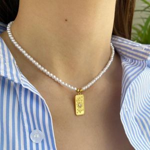 Anhänger Halskette süße Sonnenstar Moon Square Gold Farbmarke Imitation Perlen Halskette für Frauen Edelstahl Verschluss Modeschmuck