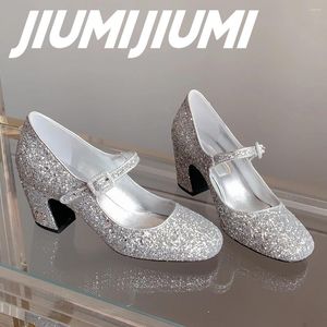 Kleidungsschuhe S Jiumijiumi handgefertigte Frau runde Zehen flache Quadratpumpen Pumps Patent Leder Bling Schnalle Süßes Mary Janes