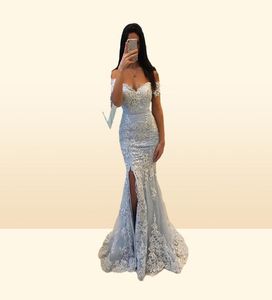 Sexig av axel sliver prom klänningar spetsar sjöjungfru applikationer främre delade stilfulla kvällsfest klänningar eleganta long vestido5632024