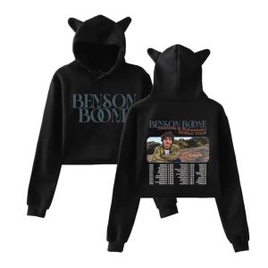 Benson Boone Fireworks and Rollerblades World Tour Crop Top Hoodie for Girls Kawaii Cat Ears Harajuku Cropped Sweatshirt