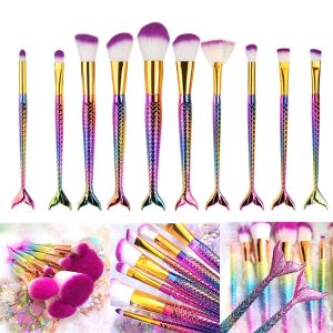 Shadow 10PCS Mermaid Shape Makeup Brush Fish Scale Foundation Powder Eyeshadow Unicorn Makeup Brushes Contour Blending Cosmetic Brushes