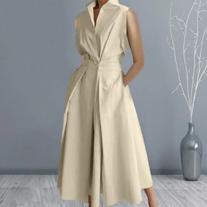 Loose Fit Dress Elegant Aline Midi with Lapel Button Detail High Waist for Formal Commute Style Big Swing Women 240412