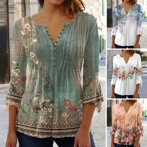 Women's Blouses Shirts Print Pleated Tunic Shirt V-neck 3/4 Slve Buttons Half Placket Loose Hem Women T-shirt Summer Floral T240412
