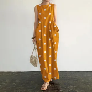 Casual Dresses Dot Print Long Dress Retro Style Summer Maxi With O Neck Big Pockets For Women Plus Size Soft Ankle