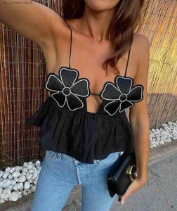 Women's Tanks Camis Fashion Black Floral Chic Cropped Top Vest Women Camisole Y2K Backless Suspender Tops Female Elegant Sexy Slveless Strtwear T240412