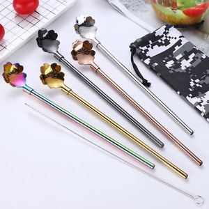 Drinking Straws Reusable Mixing Spoon Straw 304 Stainless Steel Ice Cream With Nylon Brush Drinkware