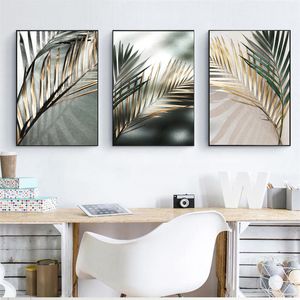 Современные плакаты и отпечатки черные золотые растения пальмовые листья холст картины маслом простые стены