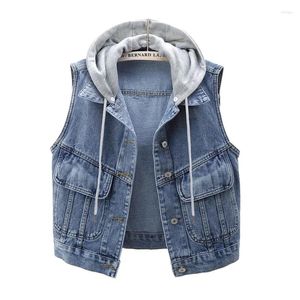 Women's Vests Removable Hooded Denim Vest Women Casual Waistcoat Diagonal Big Pocket Cowboy Sleeveless Jacket Vintage Short Jeans Female