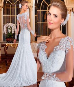 Full Lace Wedding Dresses Sheath Formal Long Sleeves Bridal Gowns With Beading Beads V Neck Covered Button Lace Train8861785
