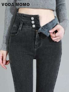 Kvinnors jeans varma magra tjocka kvinnor stretch knapppennor byxor retro mamma casual sammet termisk vinterfleece hög midja