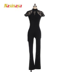 Dresses Nasinaya Girls' Figure Skating Competition Leotard Bodysuit Women's All In One Patinaje Short Sleeve Black Lace