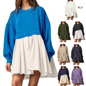 Vestidos casuais Patchwork Crewneck Pullover Top Top Moletom Moletom Moletom Feminino Mini Vestido Longo de Manga Longa