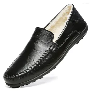 Casual Shoes Fleece Loafers Men Big Size Leather Moccasins For Outdoor Slip On Slip-On Lazy Winter Plush Zapatos